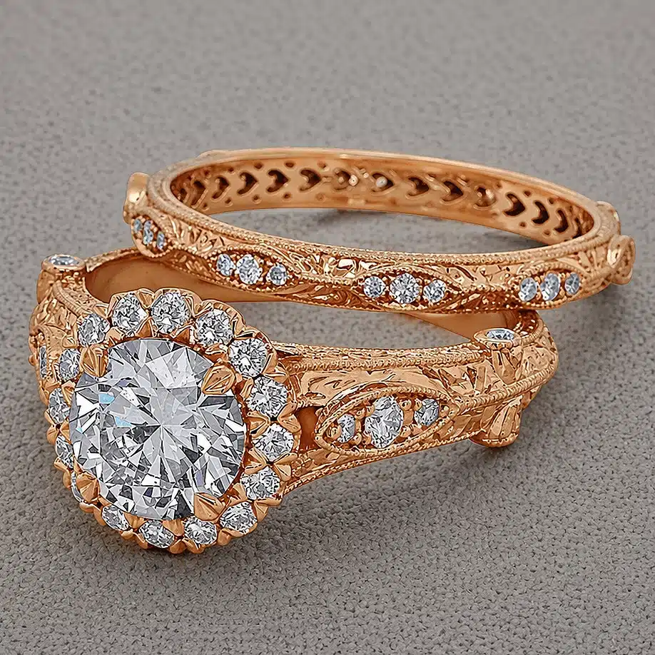 antique 1.5ct lab diamond engagement ring set halo matching wedding band hand engraved milgrain pavé orospot