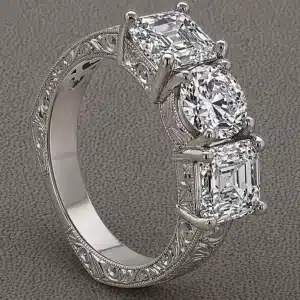 art deco 3 stone diamond ring with asscher side diamonds and round center hand engraved euro shank orospot
