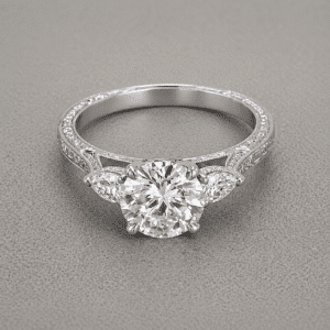 Three stone diamond engagement ring with round center and pear side stones in cathedral setting with hand engraving by OroSpot
