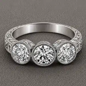 vintage 3 stone bezel diamond ring with lab diamonds low profile hand engraved scroll and wheat details OroSpot