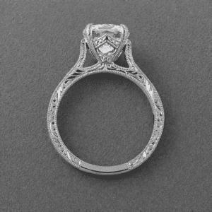 Art Deco Cathedral Solitaire Ring Engraved Milgrain Setting