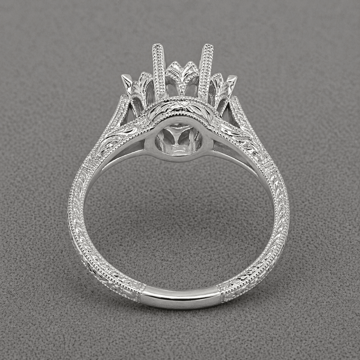 decorative six prong semi mount with hand engraved vintage shank and milgrain edges