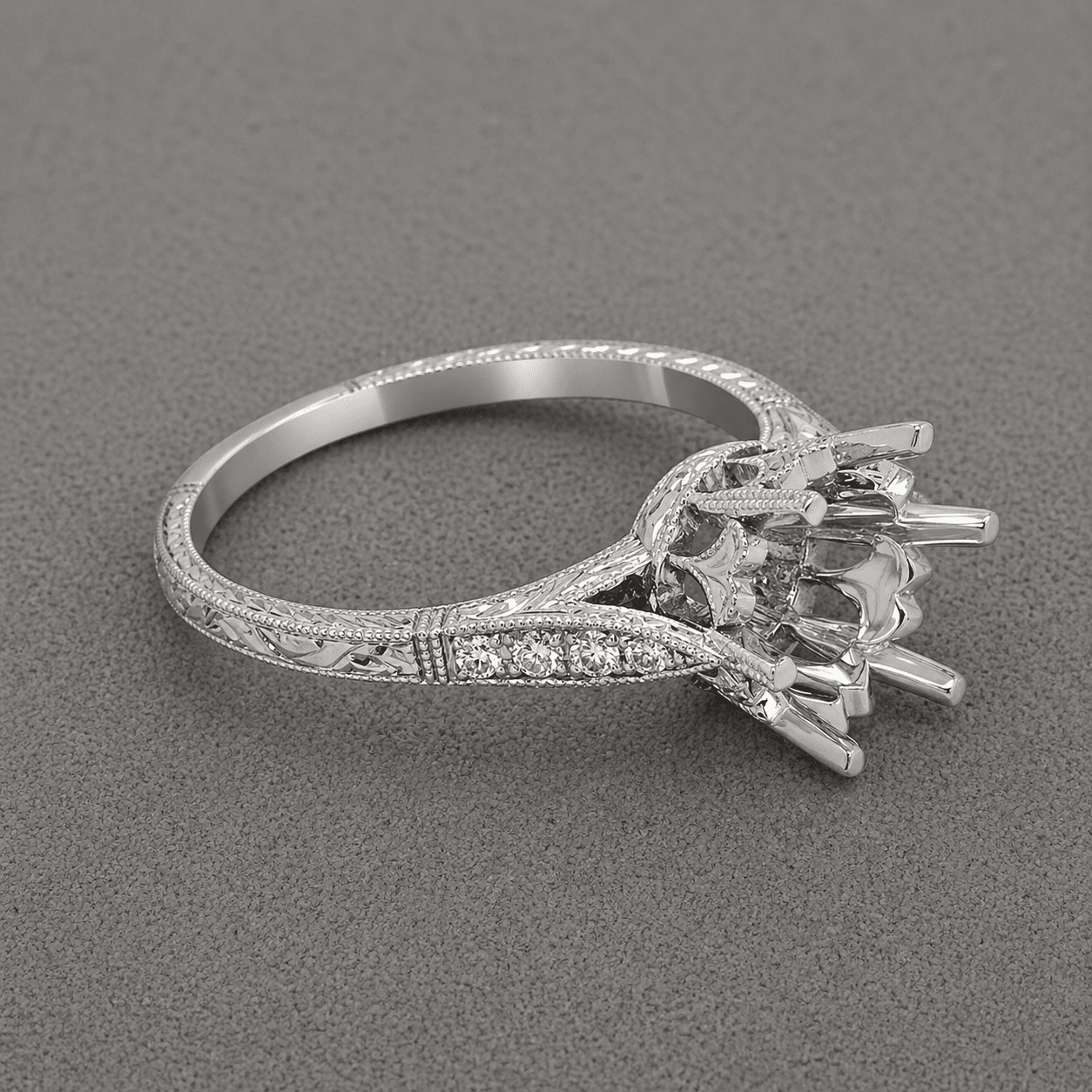 decorative six prong semi mount with engraved vintage shank and accent diamonds on grey background