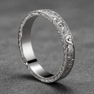 antique hand engraved wedding band 3mm art deco floral milgrain 14k white gold ring orospot
