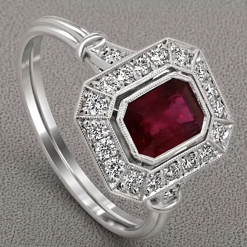 art deco emerald cut ruby engagement ring with diamond halo and pavé band in 18k gold orospot