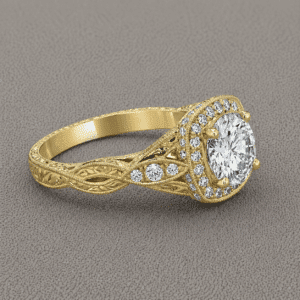 halo antique engagement ring with 2ct diamond double halo pave diamonds split shank engraving OroSpot