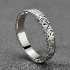 vintage art deco wedding ring hand engraved floral pattern milgrain edges 14k white gold orospot
