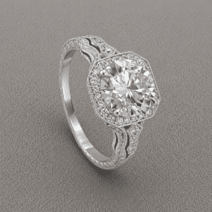vintage halo diamond ring with 8.5mm lab diamond octagon halo pave diamonds engraving milgrain OroSpot