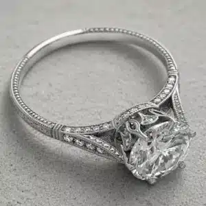 antique crown 2ct round lab diamond engagement ring hand engraved pavé band milgrain orospot