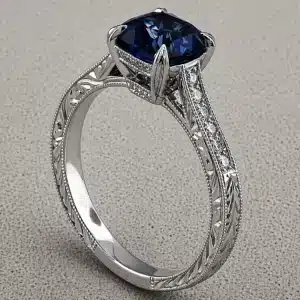 antique cushion cut blue sapphire engagement ring 2ct lab sapphire hidden halo hand engraved milgrain 14k white gold orospot