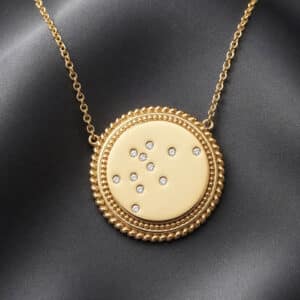 Aquarius zodiac constellation pendant with burnish-set diamonds and ornate halo by OroSpot.