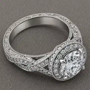 lab diamond vintage halo ring with 2ct round center double halo split shank engraving filigree milgrain OroSpot