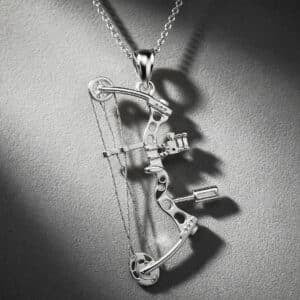Gold compound bow hunting pendant in solid 14K gold with detailed archery-inspired design by OroSpot.