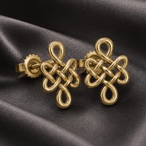 Buddhist Love Knot Earrings in 14K white gold featuring the eternal infinity knot, one of the eight auspicious symbols in Buddhism.
