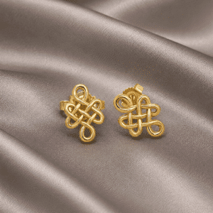 14K gold love knot stud earrings inspired by eternal love and interconnected symbolic knot patterns.