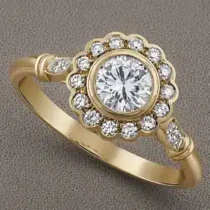 art deco bezel set lab diamond engagement ring with flower halo and pavé accents in 14k white gold orospot