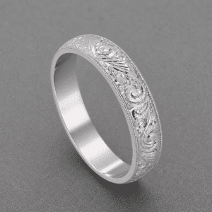 Vintage inspired engraved men’s band white gold scroll detail milgrain edges 5mm wedding ring OroSpot