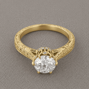 Edwardian hand-carved diamond crown ring with 1.5ct round lab-grown diamond, milgrain detail, micro pave band OroSpot