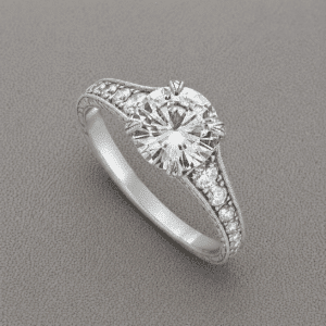 tapered vintage engagement ring with 2ct lab diamond hidden halo pave diamonds engraved shank OroSpot