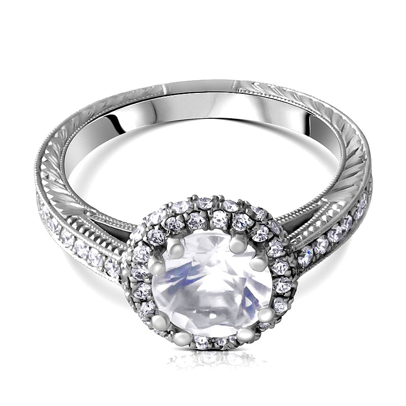 White sapphire vintage engagement ring with 7mm round sapphire, diamond double halo, and hand engraving in 14K white gold