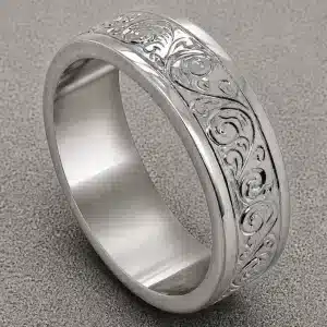 Art Nouveau men’s wedding band in 14k white gold with hand engraved scroll design and polished finish by OroSpot