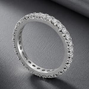 Elegant eternity band with G-VS diamonds in a traditional cut-down setting and slim 2.5mm profile.