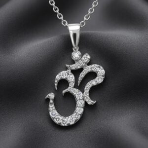 Diamond OM pendant necklace in solid 14K gold symbolizing peace and spiritual balance by OroSpot.