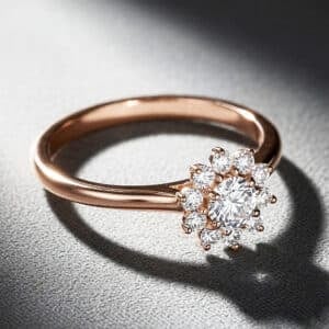 Floral cluster engagement ring with round lab-grown diamond and pavé halo by OroSpot.
