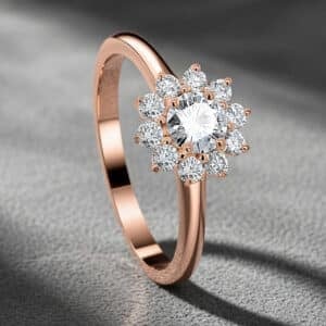 Flower cluster engagement ring with round lab diamond and floral halo in 14K white gold by OroSpot.
