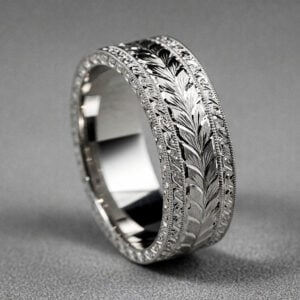hand engraved mens band scroll wheat geometric vintage style flat ring detailed carving orospot