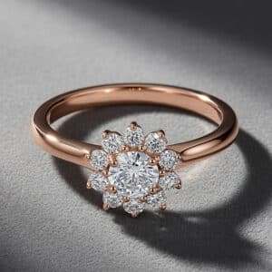 Lab diamond engagement ring with flower-shaped diamond halo and white gold setting by OroSpot.