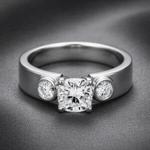 Contemporary engagement ring with cushion-cut lab-grown diamond and bezel-set side diamonds in 14K white gold by OroSpot.