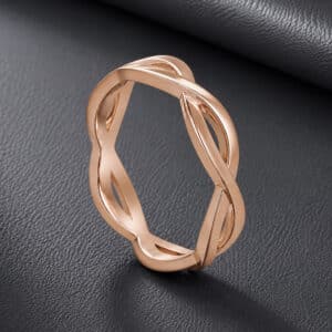 14K gold love knot band featuring overlapping infinity symbols in an intertwined design.
