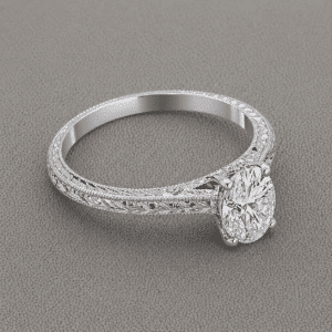 oval lab diamond engagement ring cathedral setting engraved band milgrain edges 14k white gold OroSpot