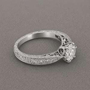 pinched vintage diamond engagement ring with 1ct lab diamond six prong setting engraved filigree milgrain OroSpot