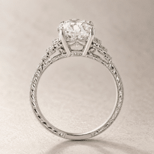 side view vintage art deco step diamond engagement ring with lab diamond, hand engraved band and pave shoulders orospot
