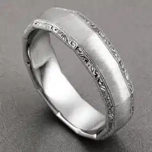 Dodecagon men’s wedding band with engraved vintage pattern and milgrain edges in gold or platinum by OroSpot