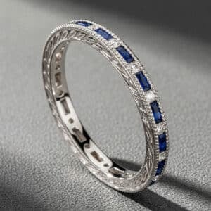 engraved sapphire diamond band vintage style baguette sapphires round diamonds orospot