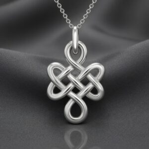 3D Tibetan love knot pendant in 14K white gold with symbolic endless knot design by OroSpot.