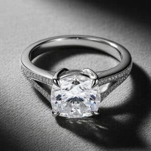 3ct cushion-cut lab-grown diamond engagement ring with split shank setting in white gold by OroSpot.