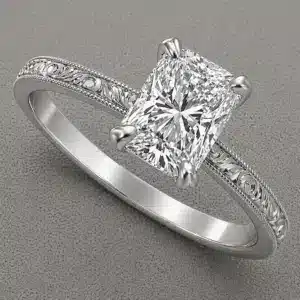 antique radiant cut 1ct lab diamond engagement ring four prong hand engraved band milgrain 14k white gold orospot
