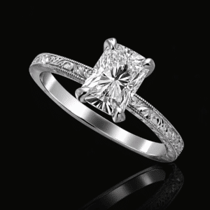 antique radiant diamond engagement ring with 1 carat lab diamond, four prong setting, hand engraved band and milgrain edges in white gold orospot