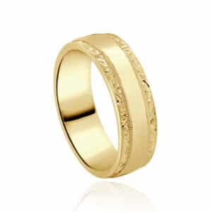 OroSpot Art Deco engraved men’s platinum wedding band, 8mm width, matte center with hand-engraved side stripes and high-polish edges.