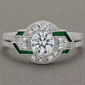 art deco replica halo diamond engagement ring with old european cut lab diamond and emerald channel accents orospot