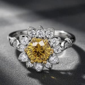 Art Nouveau engagement ring with yellow lab diamond and floral diamond halo by OroSpot.