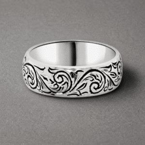 Art Nouveau engraved men’s wedding ring with blackened antique finish, detailed hand engraving and polished gold contrast by OroSpot