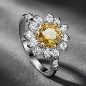 Canary yellow lab diamond engagement ring with flower halo and pavé diamonds in white gold by OroSpot.