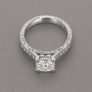 cushion cut diamond engagement ring with channel set princess diamonds milgrain edges 14k white gold orospot