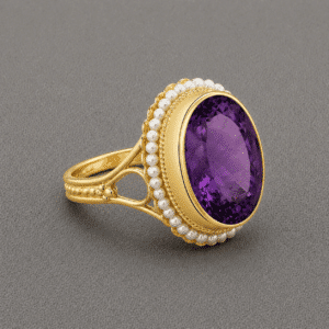 Victorian amethyst cocktail ring with oval bezel set amethyst and pearl halo in 14k yellow gold by OroSpot