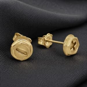 Minimalist 14K gold screw stud earrings with plus and minus industrial inspired design and polished finish.